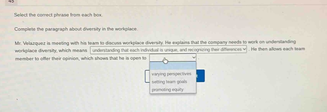 select the correct phrase from each box. complete the paragraph about diversity in the workplace. mr. velazquez is meeting with his team to discuss workplace diversity. he explains that the company needs to work on understanding workplace diversity, which means understanding that each individual is unique, and recognizing their differences. he then allows each team member to offer their opinion, which shows that he is open to varying perspectives setting team goals promoting equity