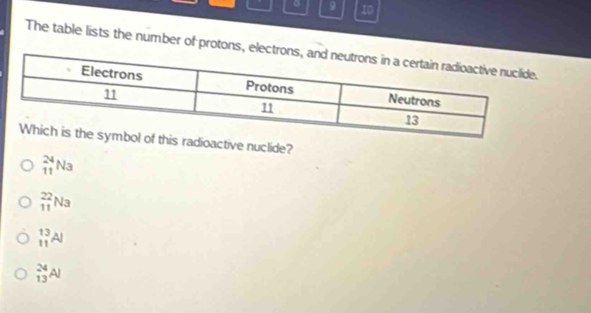 the table lists the number of protons, electrons, and neutrons in a certain radioactive nuclide.\n| electrons | protons | neutrons |\n| ---- | ---- | ---- |\n| 11 | 11 | 13 |\nwhich is the symbol of this radioactive nuclide?\no $_{11}^{24}$na\no $_{11}^{22}$na\no $_{11}^{13}$al\no $_{13}^{24}$al