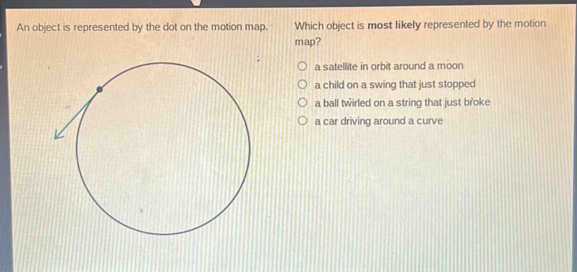 an object is represented by the dot on the motion map. which object is most likely represented by the motion map? a satellite in orbit around a moon a child on a swing that just stopped a ball twirled on a string that just broke a car driving around a curve