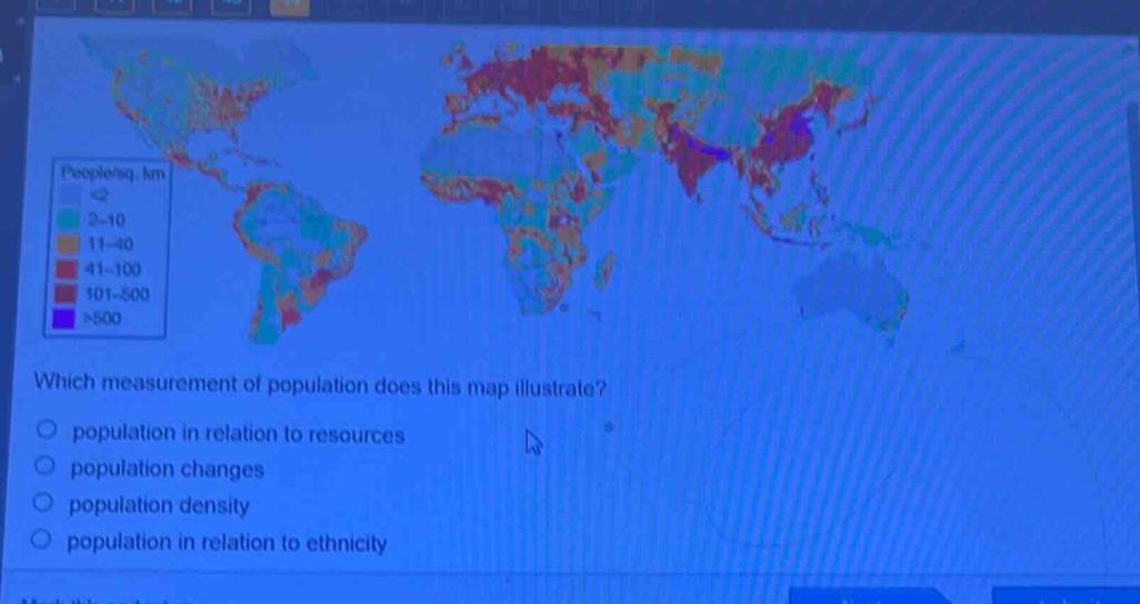 which measurement of population does this map illustrate?\npopulation in relation to resources\npopulation changes\npopulation density\npopulation in relation to ethnicity