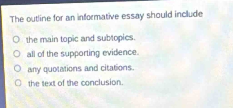 the outline for an informative essay should include\nthe main topic and subtopics.\nall of the supporting evidence.\nany quotations and citations.\nthe text of the conclusion.