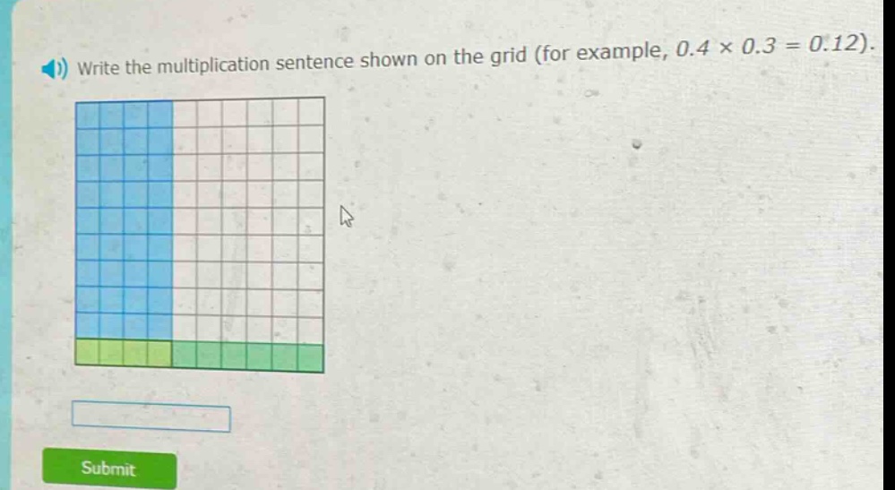 write the multiplication sentence shown on the grid (for example, 0.4 × 0.3 = 0.12).