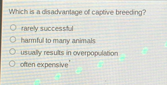 which is a disadvantage of captive breeding?\no rarely successful\no harmful to many animals\no usually results in overpopulation\no often expensive