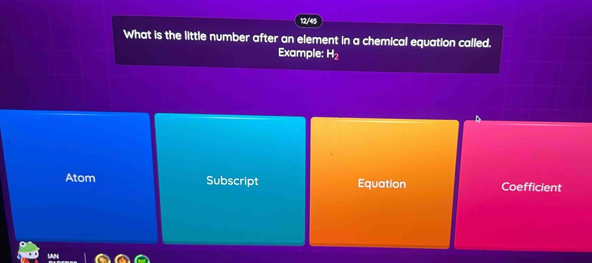 what is the little number after an element in a chemical equation called. example: h₂\natom\nsubscript\nequation\ncoefficient