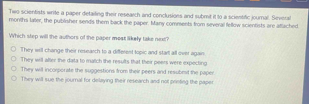 two scientists write a paper detailing their research and conclusions and submit it to a scientific journal. several months later, the publisher sends them back the paper. many comments from several fellow scientists are attached. which step will the authors of the paper most likely take next? they will change their research to a different topic and start all over again. they will alter the data to match the results that their peers were expecting. they will incorporate the suggestions from their peers and resubmit the paper. they will sue the journal for delaying their research and not printing the paper.