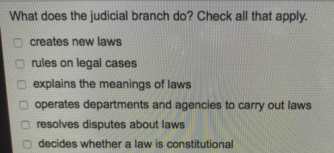 what does the judicial branch do? check all that apply. creates new laws rules on legal cases explains the meanings of laws operates departments and agencies to carry out laws resolves disputes about laws decides whether a law is constitutional