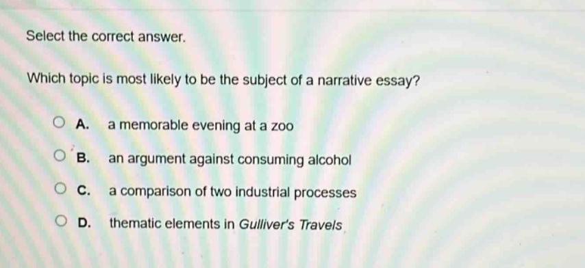 select the correct answer. which topic is most likely to be the subject of a narrative essay? a. a memorable evening at a zoo b. an argument against consuming alcohol c. a comparison of two industrial processes d. thematic elements in gullivers travels