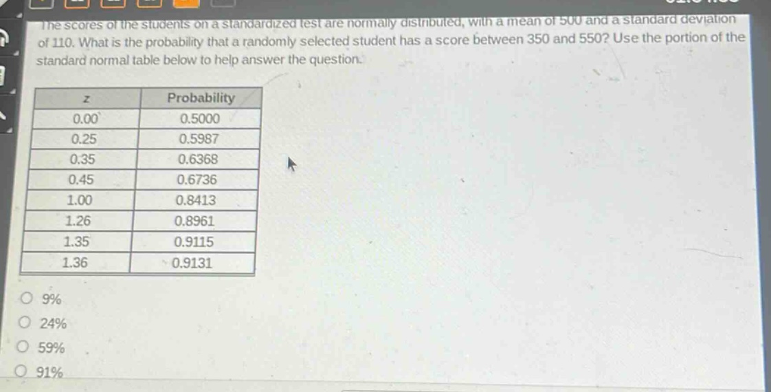 the scores of the students on a standardized test are normally distributed, with a mean of 500 and a standard deviation of 110. what is the probability that a randomly selected student has a score between 350 and 550? use the portion of the standard normal table below to help answer the question.\n| z | probability |\n|----|----| \n| 0.00 | 0.5000 |\n| 0.25 | 0.5987 |\n| 0.35 | 0.6368 |\n| 0.45 | 0.6736 |\n| 1.00 | 0.8413 |\n| 1.26 | 0.8961 |\n| 1.35 | 0.9115 |\n| 1.36 | 0.9131 |\n9%\n24%\n59%\n91%