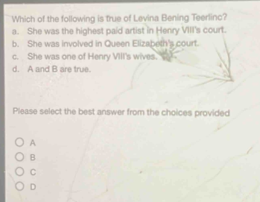 which of the following is true of levina bening teerlinc? a. she was the highest paid artist in henry viiis court. b. she was involved in queen elizabeths court. c. she was one of henry viiis wives. d. a and b are true. please select the best answer from the choices provided o a o b o c o d