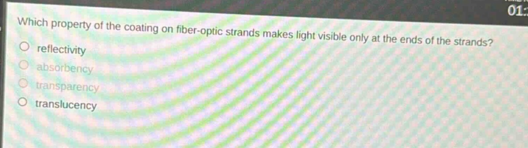 which property of the coating on fiber - optic strands makes light visible only at the ends of the strands?\nreflectivity\nabsorbency\n transparency\n translucency