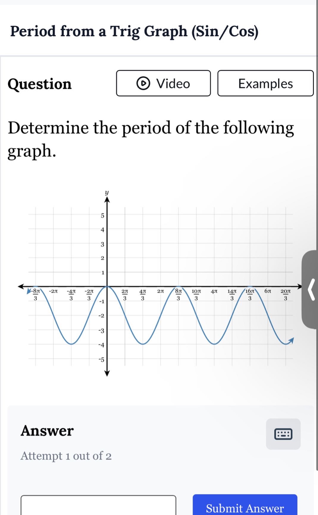 period from a trig graph (sin/cos)\nquestion\ndetermine the period of the following graph.\nanswer\nattempt 1 out of 2\nsubmit answer