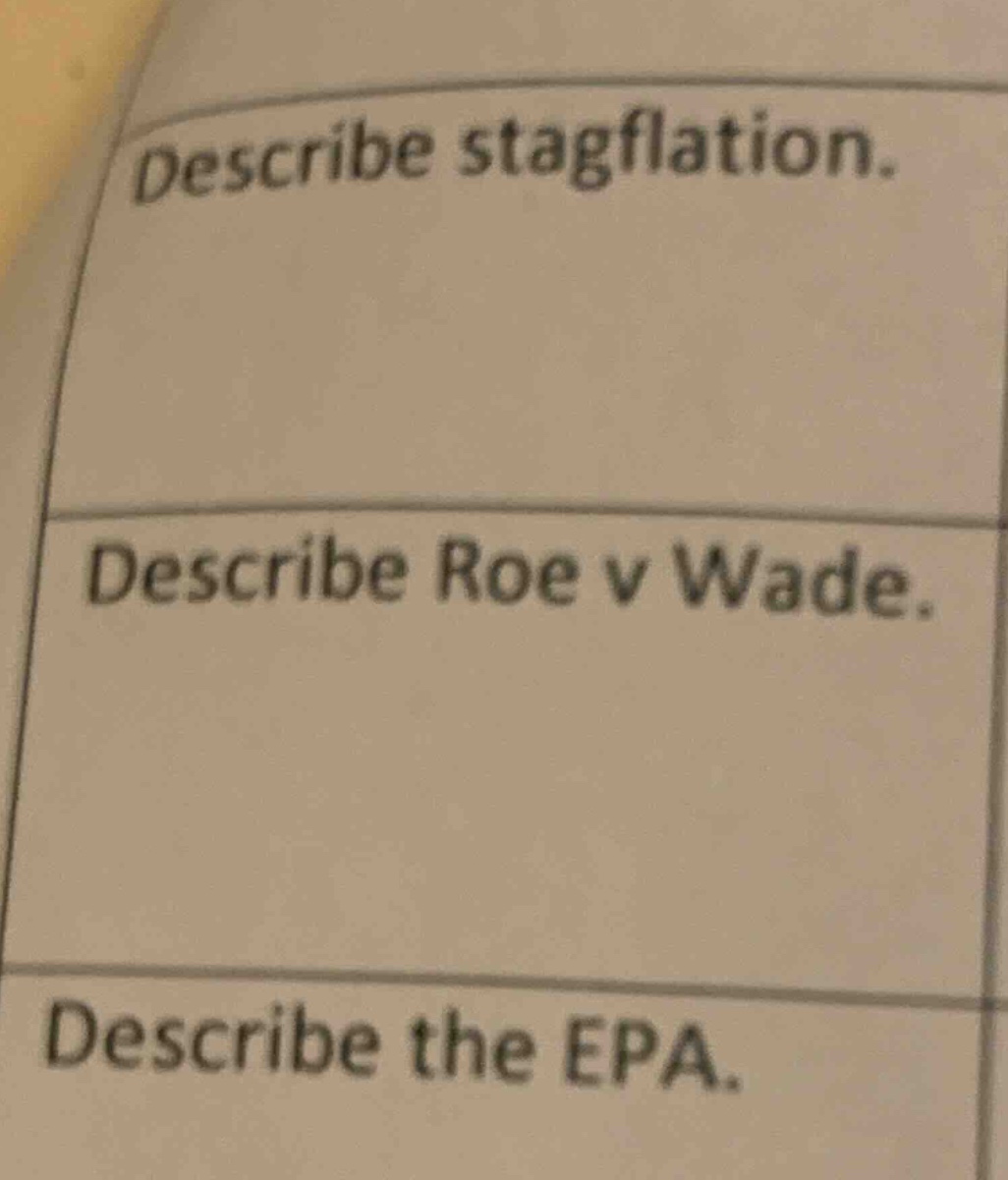 describe stagflation.\ndescribe roe v wade.\ndescribe the epa.