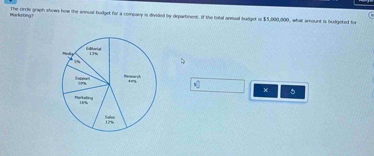 the circle graph shows how the annual budget for a company is divided by department. if the total annual budget is $5,000,000, what amount is budgeted for marketing? editorial 13% media 5% support 10% research 44% marketing 16% sales 12%