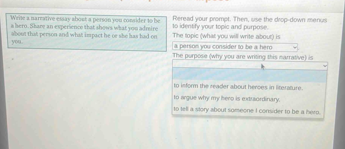 write a narrative essay about a person you consider to be a hero. share an experience that shows what you admire about that person and what impact he or she has had on you. reread your prompt. then, use the drop - down menus to identify your topic and purpose. the topic (what you will write about) is a person you consider to be a hero. the purpose (why you are writing this narrative) is to inform the reader about heroes in literature. to argue why my hero is extraordinary. to tell a story about someone i consider to be a hero.