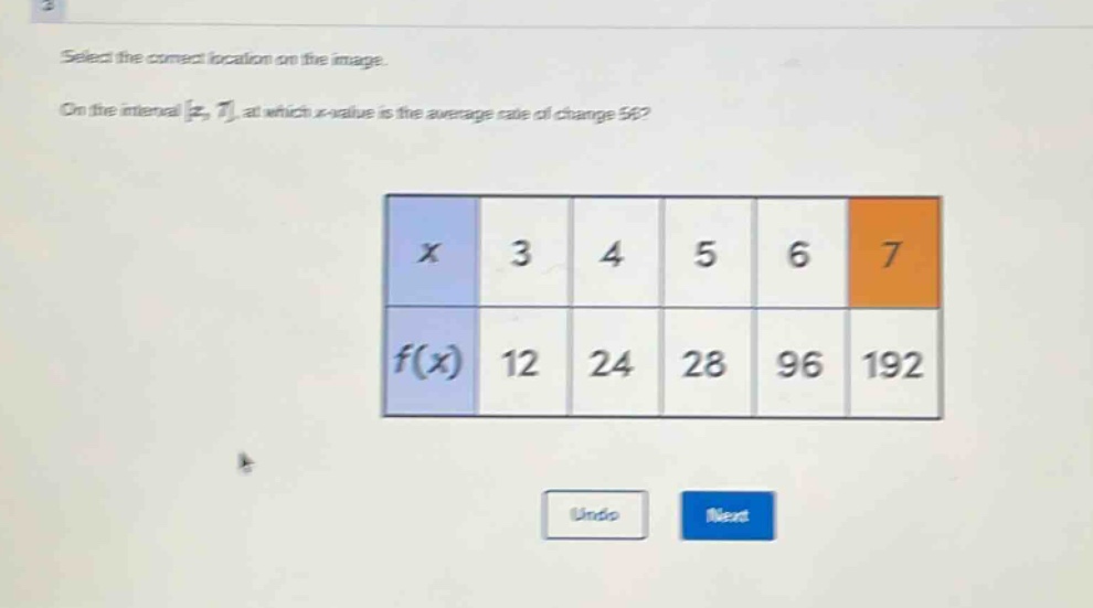 select the correct location on the image. on the interval 3, 7, at which x - value is the average rate of change 56?\n| x | 3 | 4 | 5 | 6 | 7 |\n| f(x) | 12 | 24 | 28 | 96 | 192 |