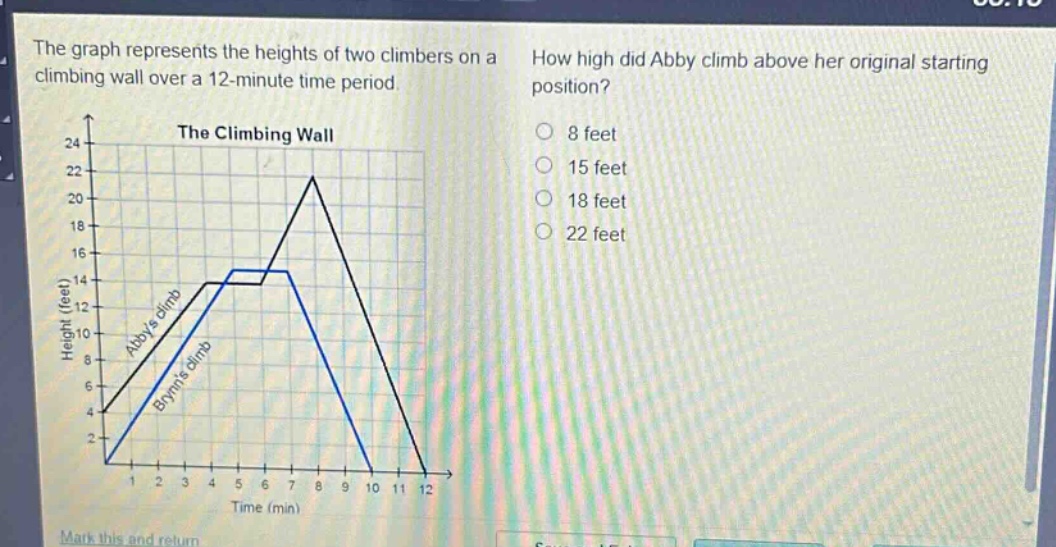 the graph represents the heights of two climbers on a climbing wall over a 12 - minute time period. how high did abby climb above her original starting position? 8 feet 15 feet 18 feet 22 feet