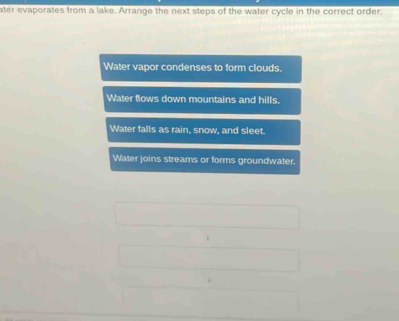water evaporates from a lake. arrange the next steps of the water cycle in the correct order.\nwater vapor condenses to form clouds.\nwater flows down mountains and hills.\nwater falls as rain, snow, and sleet.\nwater joins streams or forms groundwater.