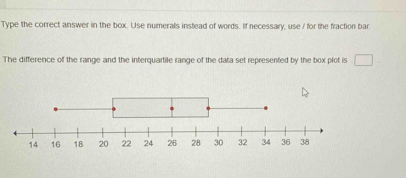 type the correct answer in the box. use numerals instead of words. if necessary, use / for the fraction bar.\nthe difference of the range and the interquartile range of the data set represented by the box plot is \n\n14 16 18 20 22 24 26 28 30 32 34 36 38
