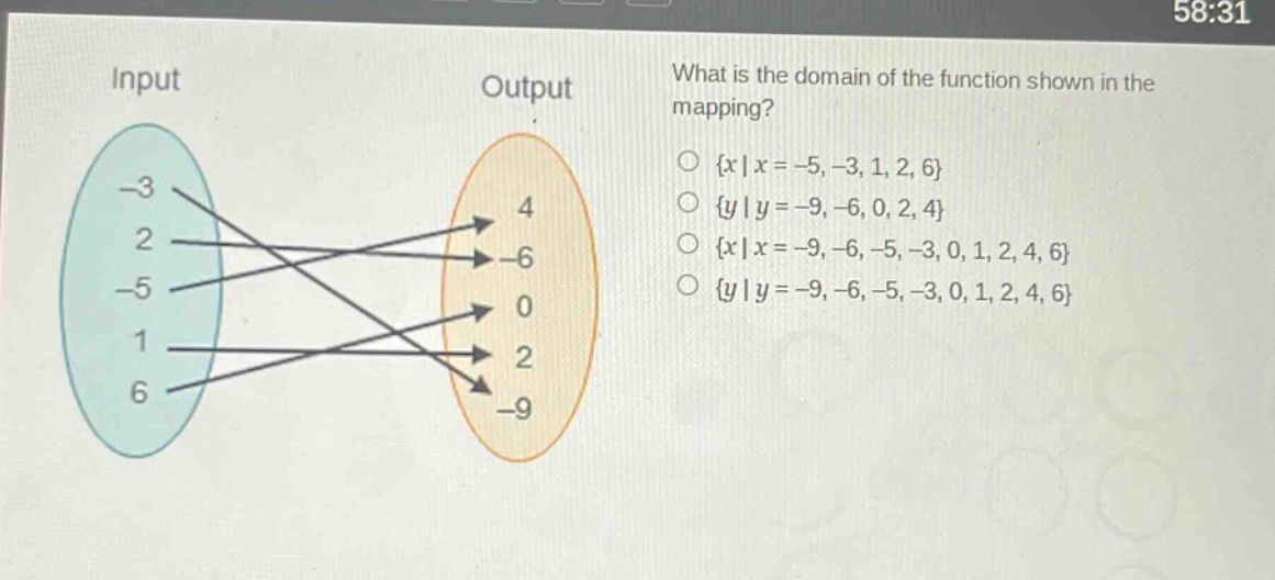 what is the domain of the function shown in the mapping?\no {x | x = -5, -3, 1, 2, 6}\no {y | y = -9, -6, 0, 2, 4}\no {x | x = -9, -6, -5, -3, 0, 1, 2, 4, 6}\no {y | y = -9, -6, -5, -3, 0, 1, 2, 4, 6}