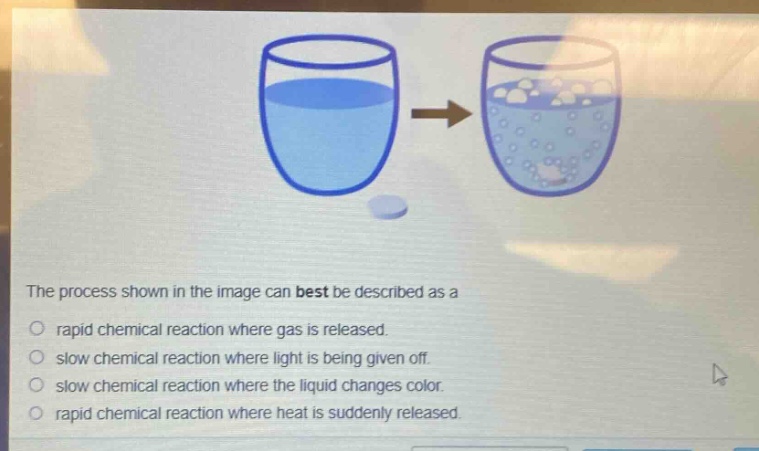 the process shown in the image can best be described as a\nrapid chemical reaction where gas is released.\nslow chemical reaction where light is being given off.\nslow chemical reaction where the liquid changes color.\nrapid chemical reaction where heat is suddenly released.