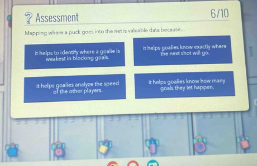 ? assessment\n6/10\nmapping where a puck goes into the net is valuable data because...\nit helps to identify where a goalie is weakest in blocking goals.\nit helps goalies know exactly where the next shot will go.\nit helps goalies analyze the speed of the other players.\nit helps goalies know how many goals they let happen.