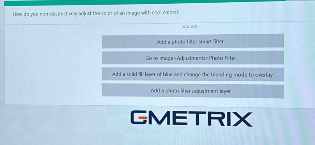 how do you non - destructively adjust the color of an image with cool colors?\nadd a photo filter smart filter\ngo to image>adjustments>photo filter\nadd a solid fill layer of blue and change the blending mode to overlay\nadd a photo filter adjustment layer