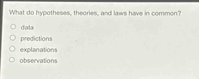 what do hypotheses, theories, and laws have in common?\no data\no predictions\no explanations\no observations