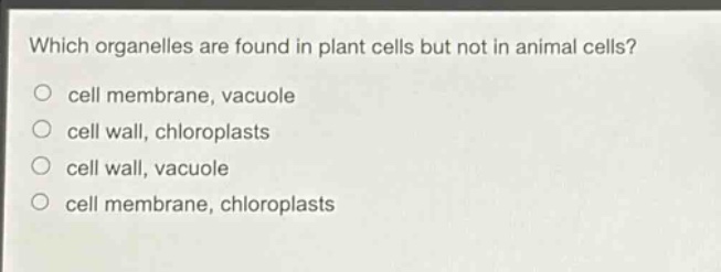 which organelles are found in plant cells but not in animal cells?\no cell membrane, vacuole\no cell wall, chloroplasts\no cell wall, vacuole\no cell membrane, chloroplasts