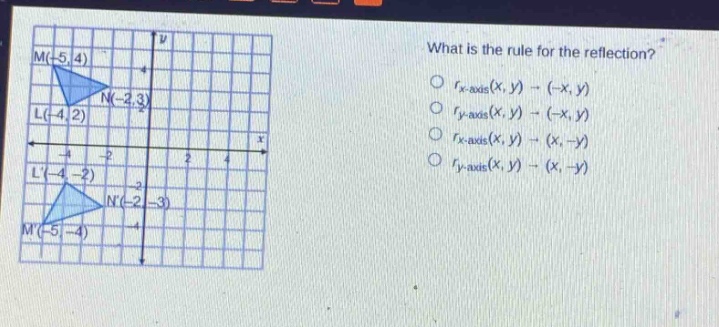 what is the rule for the reflection?\n$r_{x - axis}(x,y)\to(-x,y)$\n$r_{y - axis}(x,y)\to(-x,y)$\n$r_{x - axis}(x,y)\to(x, - y)$\n$r_{y - axis}(x,y)\to(x, - y)$