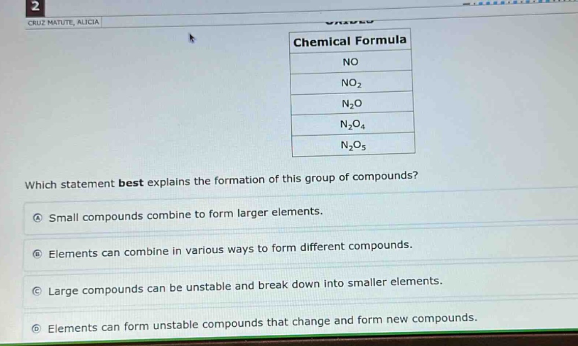 2 cruz matute, alicia chemical formula no no₂ n₂o n₂o₄ n₂o₅ which statement best explains the formation of this group of compounds? a small compounds combine to form larger elements. b elements can combine in various ways to form different compounds. c large compounds can be unstable and break down into smaller elements. d elements can form unstable compounds that change and form new compounds.