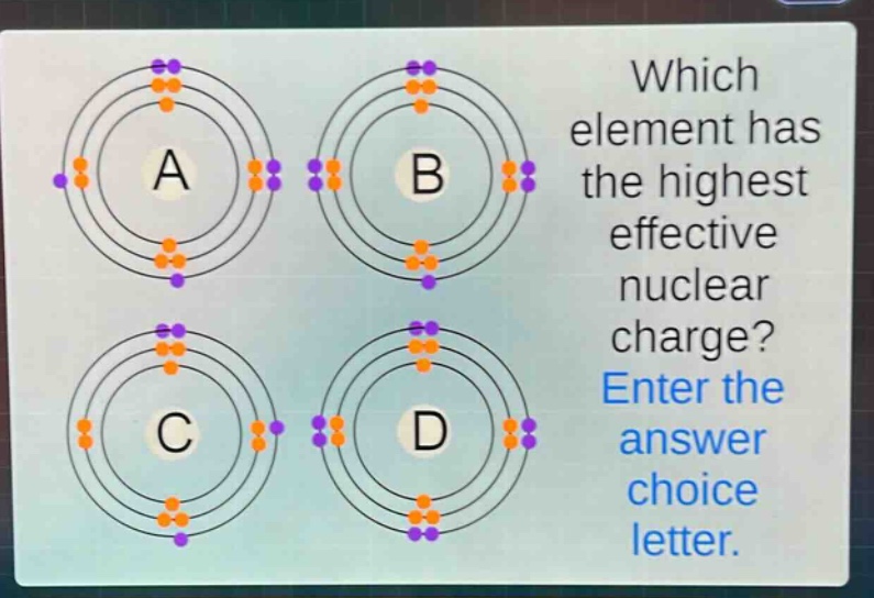 which element has the highest effective nuclear charge? enter the answer choice letter.