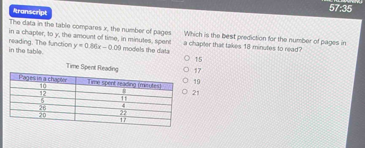 the data in the table compares x, the number of pages in a chapter, to y, the amount of time, in minutes, spent reading. the function y = 0.86x - 0.09 models the data in the table.\n\ntime spent reading\n| pages in a chapter | time spent reading (minutes) |\n| ---- | ---- |\n| 10 | 8 |\n| 12 | 11 |\n| 5 | 4 |\n| 26 | 22 |\n| 20 | 17 |\n\nwhich is the best prediction for the number of pages in a chapter that takes 18 minutes to read?\no 15\no 17\no 19\no 21