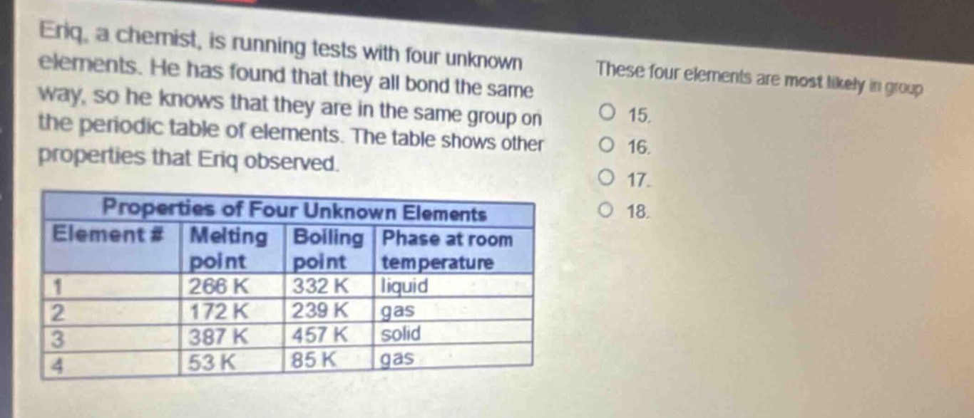 eriq, a chemist, is running tests with four unknown elements. he has found that they all bond the same way, so he knows that they are in the same group on the periodic table of elements. the table shows other properties that eriq observed.\nproperties of four unknown elements\n|element #|melting point|boiling point|phase at room temperature|\n|----|----|----|----|\n|1|266 k|332 k|liquid|\n|2|172 k|239 k|gas|\n|3|387 k|457 k|solid|\n|4|53 k|85 k|gas|\nthese four elements are most likely in group\no 15.\no 16.\no 17.\no 18.