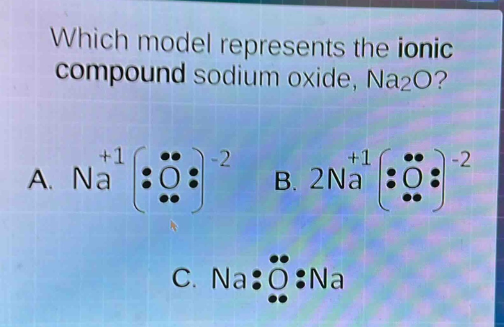 which model represents the ionic compound sodium oxide, na2o? a. na+1∶o∶ -2 b. 2na+1∶o∶ -2 c. na∶o∶na
