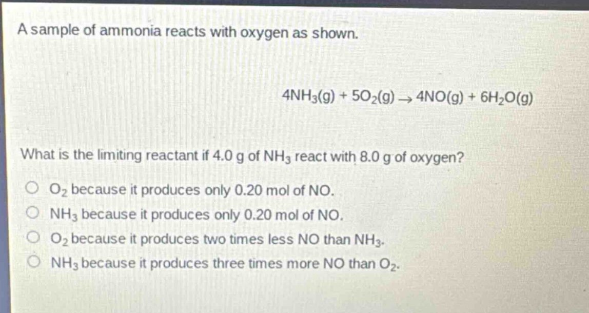 a sample of ammonia reacts with oxygen as shown.\n4nh₃(g) + 5o₂(g) → 4no(g) + 6h₂o(g)\nwhat is the limiting reactant if 4.0 g of nh₃ react with 8.0 g of oxygen?\no₂ because it produces only 0.20 mol of no.\nnh₃ because it produces only 0.20 mol of no.\no₂ because it produces two times less no than nh₃.\nnh₃ because it produces three times more no than o₂.