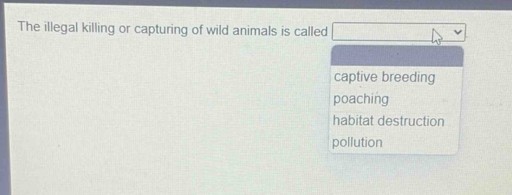 the illegal killing or capturing of wild animals is called\ncaptive breeding\npoaching\nhabitat destruction\npollution