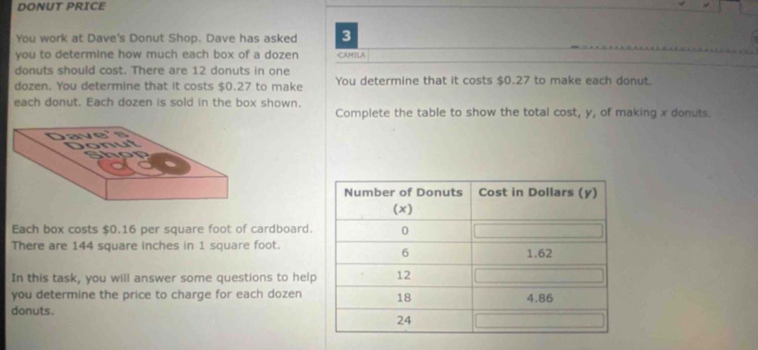 donut price\nyou work at daves donut shop. dave has asked you to determine how much each box of a dozen donuts should cost. there are 12 donuts in one dozen. you determine that it costs $0.27 to make each donut. each dozen is sold in the box shown.\nyou determine that it costs $0.27 to make each donut.\ncomplete the table to show the total cost, y, of making x donuts.\neach box costs $0.16 per square foot of cardboard.\nthere are 144 square inches in 1 square foot.\nin this task, you will answer some questions to help you determine the price to charge for each dozen donuts.\nnumber of donuts (x) cost in dollars (y)\n0\n6 1.62\n12\n18 4.86\n24