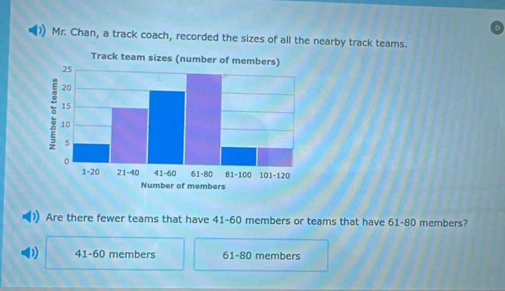 mr. chan, a track coach, recorded the sizes of all the nearby track teams. track team sizes (number of members) are there fewer teams that have 41 - 60 members or teams that have 61 - 80 members? 41 - 60 members 61 - 80 members