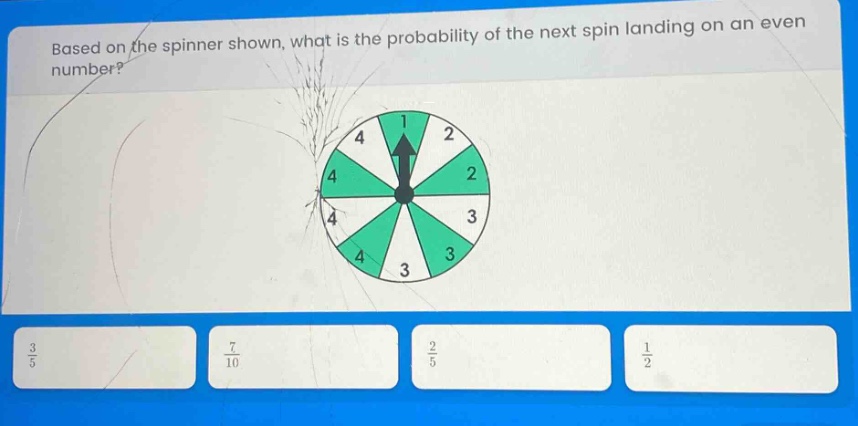 based on the spinner shown, what is the probability of the next spin landing on an even number?