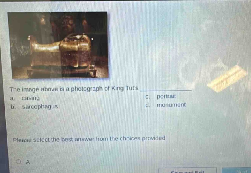 the image above is a photograph of king tuts ____________. a. casing c. portrait b. sarcophagus d. monument please select the best answer from the choices provided