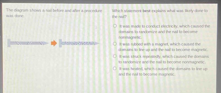 the diagram shows a nail before and after a procedure was done. which statement best explains what was likely done to the nail? it was made to conduct electricity, which caused the domains to randomize and the nail to become nonmagnetic. it was rubbed with a magnet, which caused the domains to line up and the nail to become magnetic. it was struck repeatedly, which caused the domains to randomize and the nail to become nonmagnetic. it was heated, which caused the domains to line up and the nail to become magnetic.