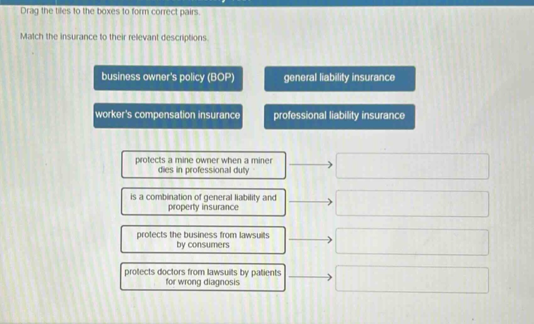 drag the tiles to the boxes to form correct pairs. match the insurance to their relevant descriptions. business owners policy (bop) general liability insurance workers compensation insurance professional liability insurance protects a mine owner when a miner dies in professional duty is a combination of general liability and property insurance protects the business from lawsuits by consumers protects doctors from lawsuits by patients for wrong diagnosis