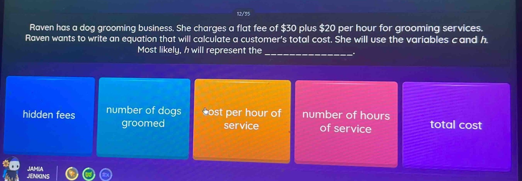 raven has a dog grooming business. she charges a flat fee of $30 plus $20 per hour for grooming services. raven wants to write an equation that will calculate a customers total cost. she will use the variables c and h. most likely, h will represent the _______________. hidden fees number of dogs groomed cost per hour of service number of hours of service total cost