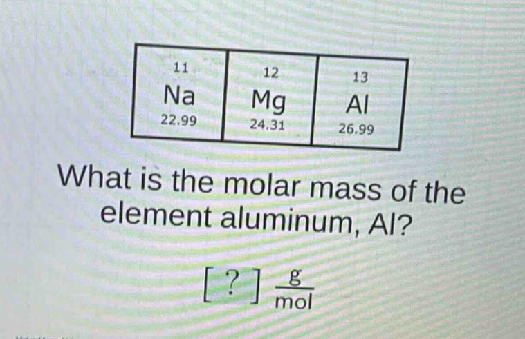what is the molar mass of the element aluminum, al? ? $\frac{g}{mol}$