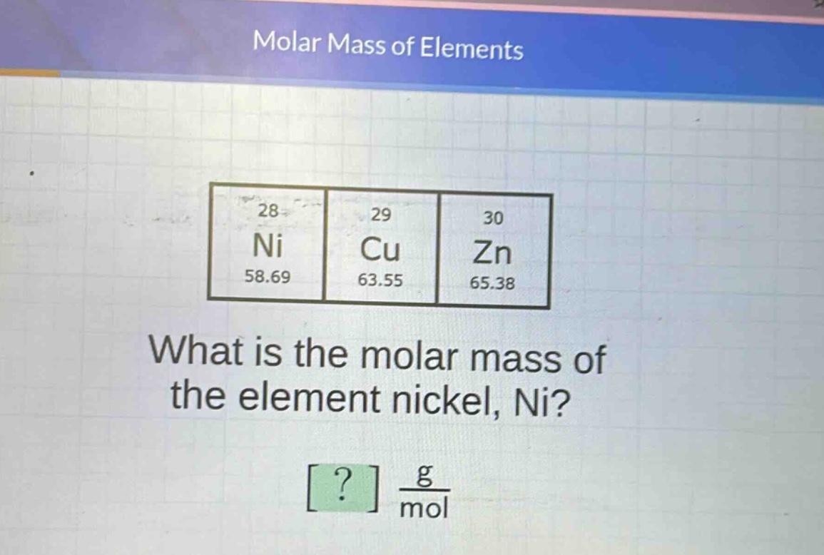 molar mass of elements\n28 ni 58.69\n29 cu 63.55\n30 zn 65.38\nwhat is the molar mass of the element nickel, ni?\n? $\frac{g}{mol}$