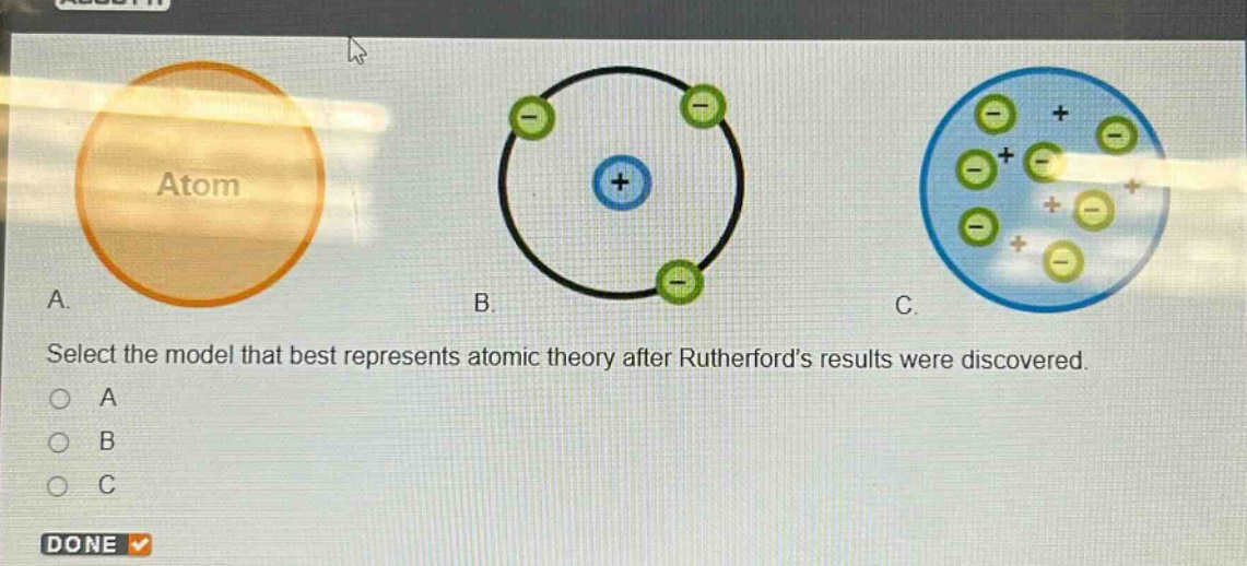 select the model that best represents atomic theory after rutherford’s results were discovered.\na\nb\nc