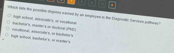 which lists the possible degrees earned by an employee in the diagnostic services pathway? high school, associate’s, or vocational bachelor’s, master’s or doctoral (phd) vocational, associate’s, or bachelor’s high school, bachelor’s, or master’s