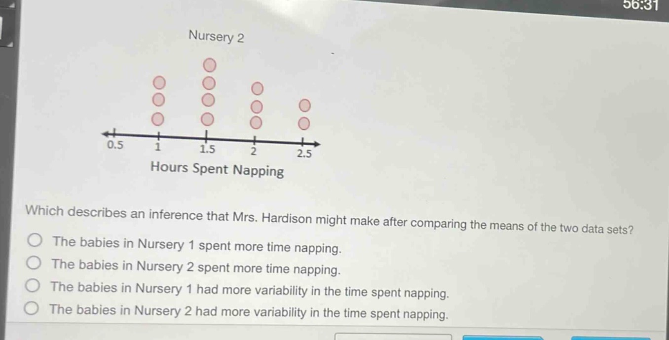 nursery 2\nhours spent napping\nwhich describes an inference that mrs. hardison might make after comparing the means of the two data sets?\nthe babies in nursery 1 spent more time napping.\nthe babies in nursery 2 spent more time napping.\nthe babies in nursery 1 had more variability in the time spent napping.\nthe babies in nursery 2 had more variability in the time spent napping.