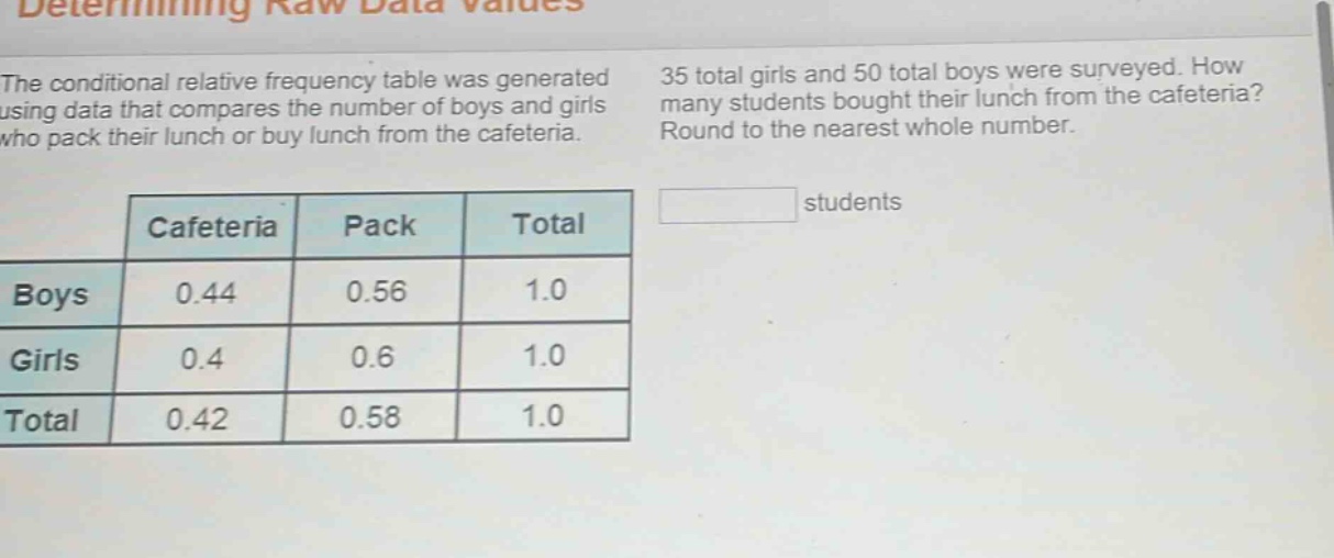 the conditional relative frequency table was generated using data that compares the number of boys and girls who pack their lunch or buy lunch from the cafeteria. 35 total girls and 50 total boys were surveyed. how many students bought their lunch from the cafeteria? round to the nearest whole number.\n\n| |cafeteria|pack|total|\n|----|----|----|----|\n|boys|0.44|0.56|1.0|\n|girls|0.4|0.6|1.0|\n|total|0.42|0.58|1.0|