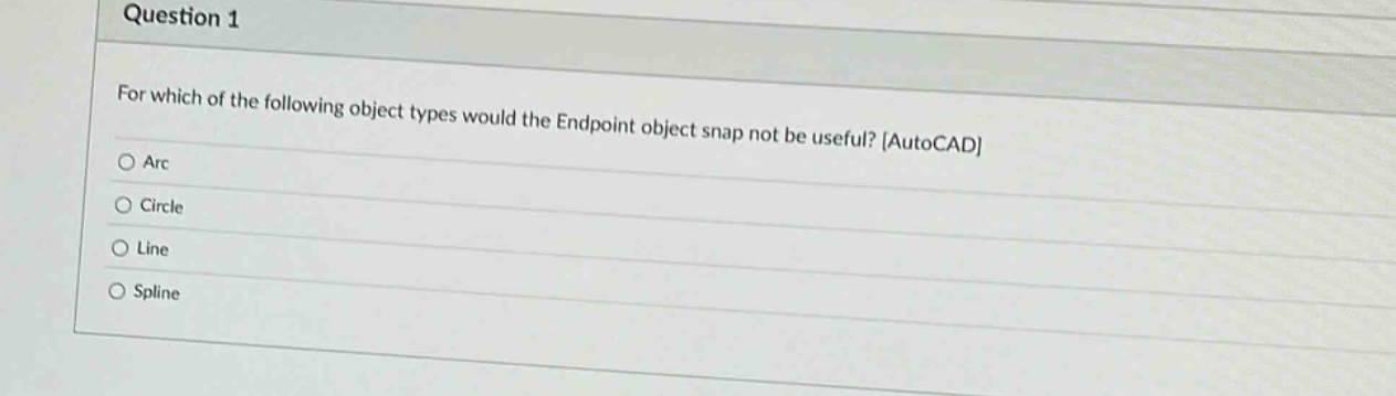 question 1\nfor which of the following object types would the endpoint object snap not be useful? autocad\narc\ncircle\nline\nspline
